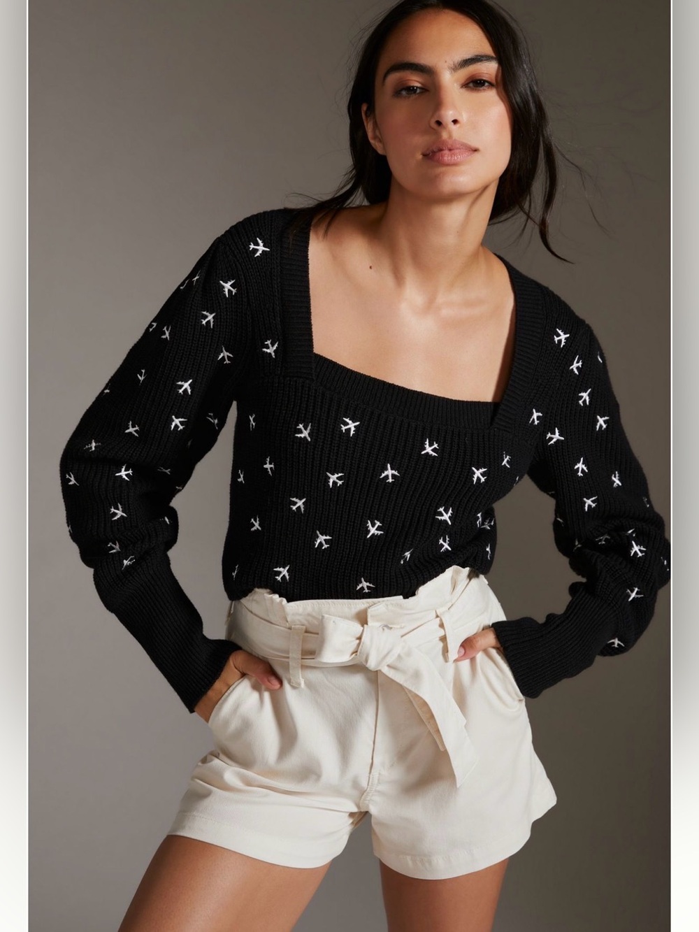 Maeve Elliana Airplane Embroidered Mutton Sleeve Sweater - Large